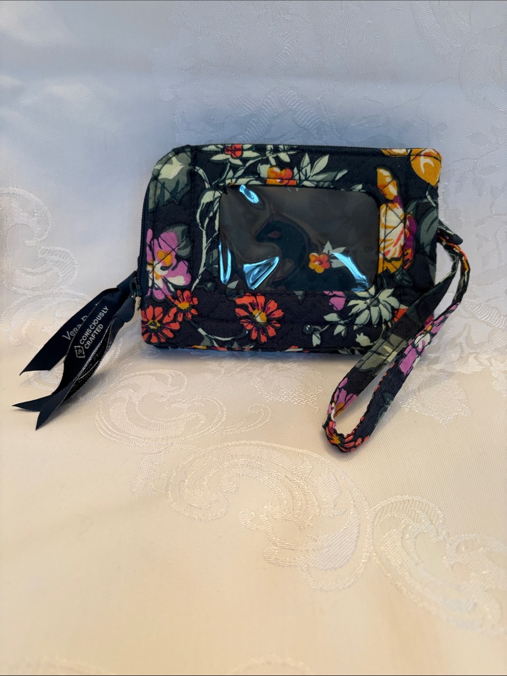 Vera Bradley Black Floral Wristlet ID Case with Multi-Color Blooms